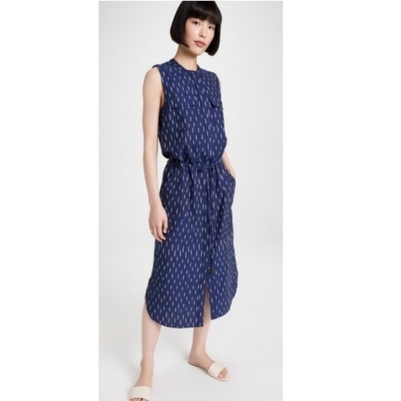 Faherty Dresses & Skirts - Faherty‎ Women XS Blue Ikat Print Sleeveless Linen Midi Dress Drawstring Waist